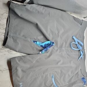 Huk Gray Board Shorts with Light Blue Stitching